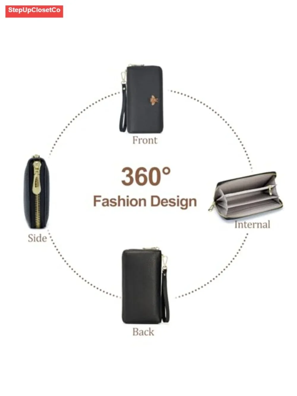 Genuine Leather Wristlet Wallet Clutch Purse with Bee Design for Women